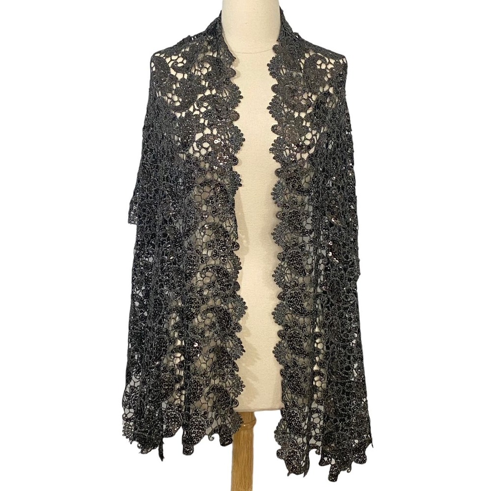 Joan Rivers Sequin Lace Scarf Wrap Black Silver Gray Sparkle Evening 20 x 72